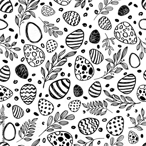Vector doodle Easter seamless pattern. Black white watercolor, ink illustration of easter eggs and leaves