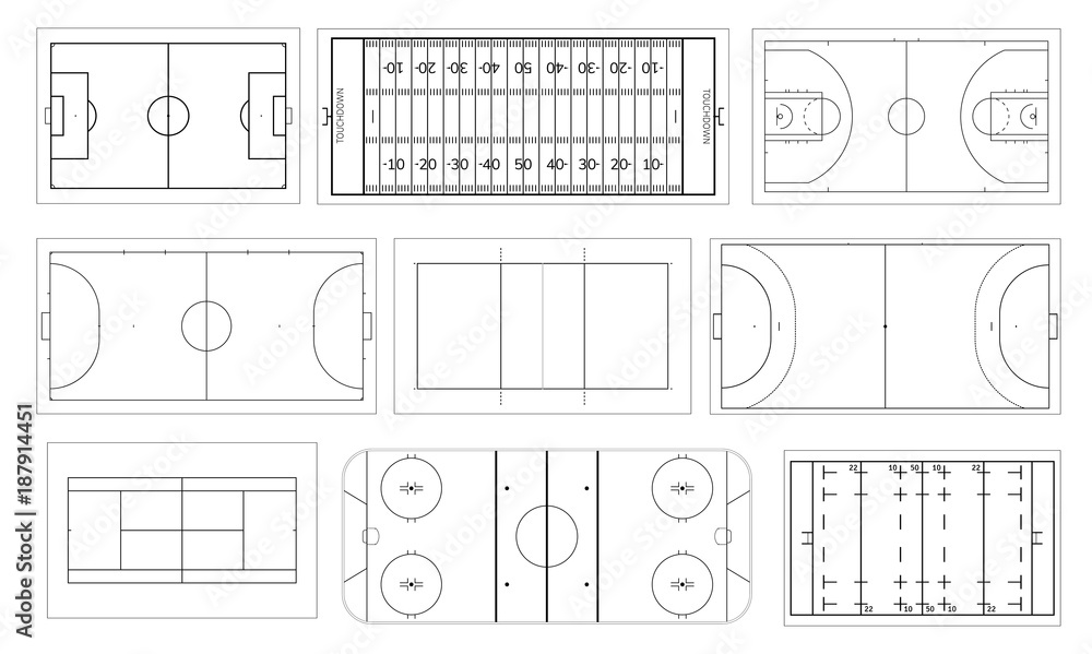 Set of sport field. Handball and basketball court, football or soccer