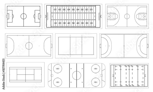 Set of sport field. Handball and basketball court, football or soccer field, ice hockey rink. Volleyball, futsal, mini football and tennis, rugby and american football field. Line art style.