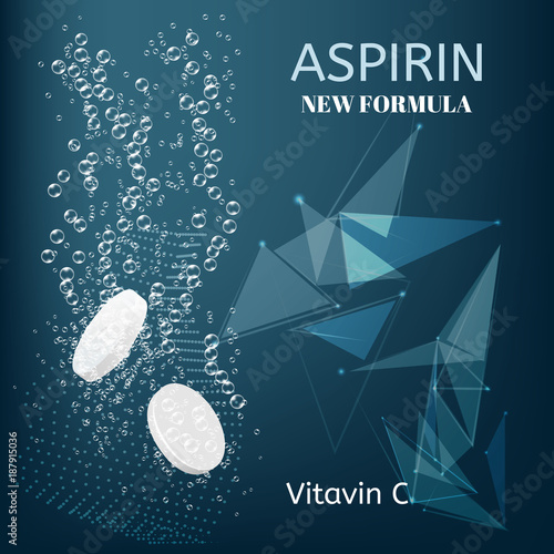 Aspirin. Effervescent soluble tablet pills. Sparkling water bubbles trails.
