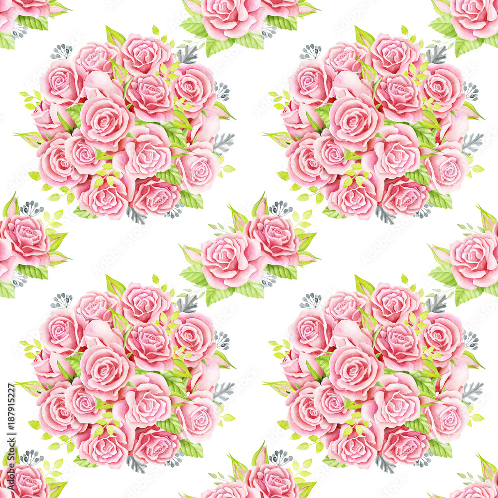 Pink roses bouquets. Watercolor illustration. Seamless pattern design paper.