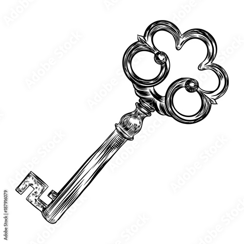 Retro key, vintage style. Key illustration for antiques decoration.  Ornamental medieval hand drawn old realistic design Vector.