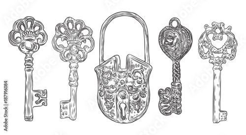 Set of hand drawn antique keys. Sketch style of vintage key on white background. Old design illustration. Vector.