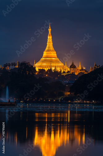 Shwedagon Pagoda at night in Yangon  Myanmar.