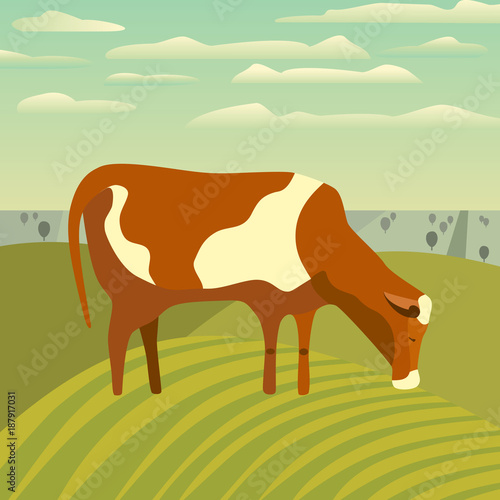 Nature outdoor valley landscape. Cartoon simple minimalism design. Farming brown cow on meadow. Rural scene view with domestic cattle mammal on green grass hill, field. Vector countryside illustration