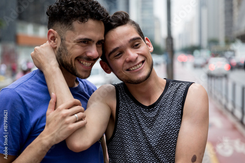 Gay Couple Embracing in Paulista Avenue  Sao Paulo  Brazil