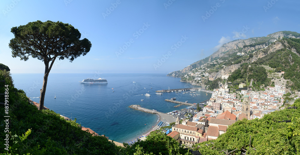 View of city of Amalfi with coastline