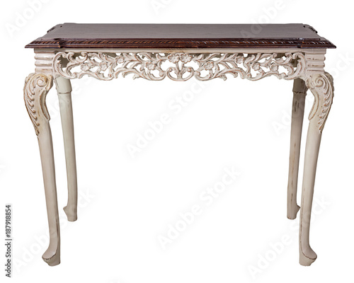 Vintage Furniture - Retro wooden vintage table with dark brown top and beige painted legs isolated on white background including clipping path photo