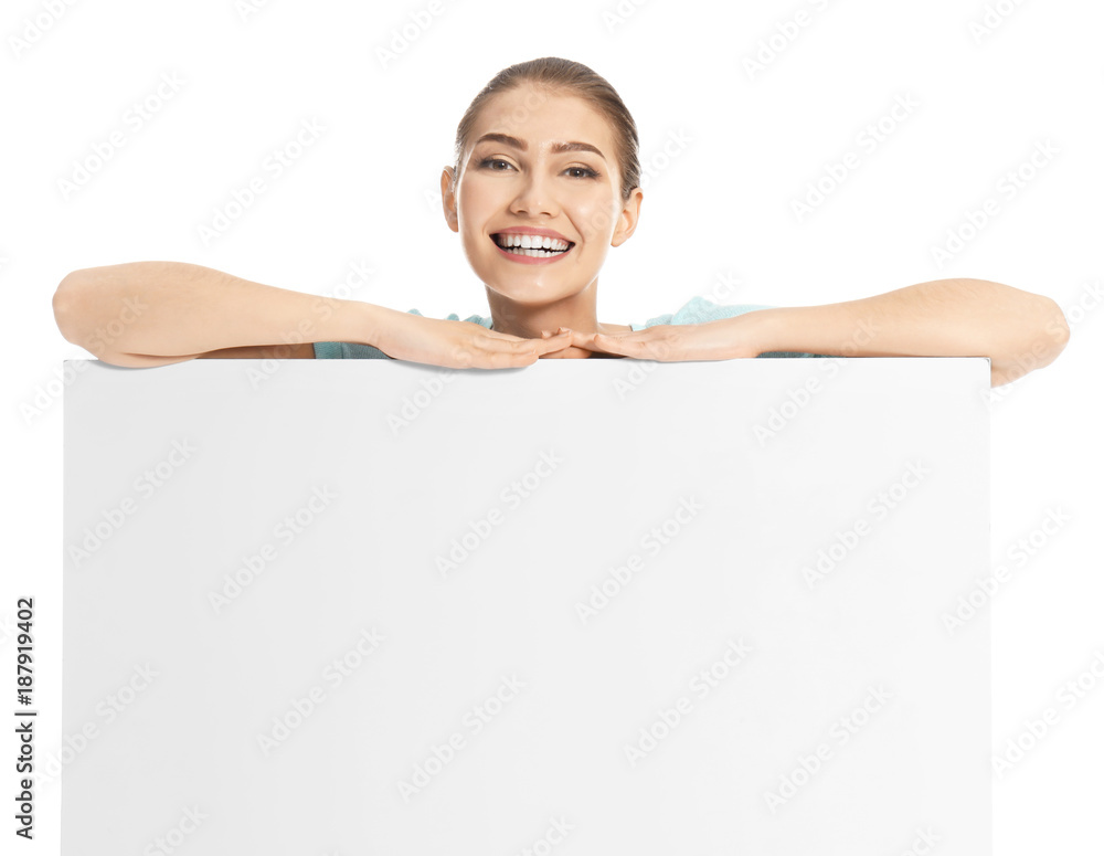 Young woman with blank advertising board on white background Young woman with blank advertising board on white background