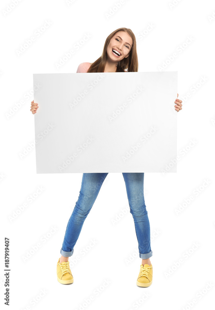 Young woman with blank advertising board on white background Young woman with blank advertising board on white background