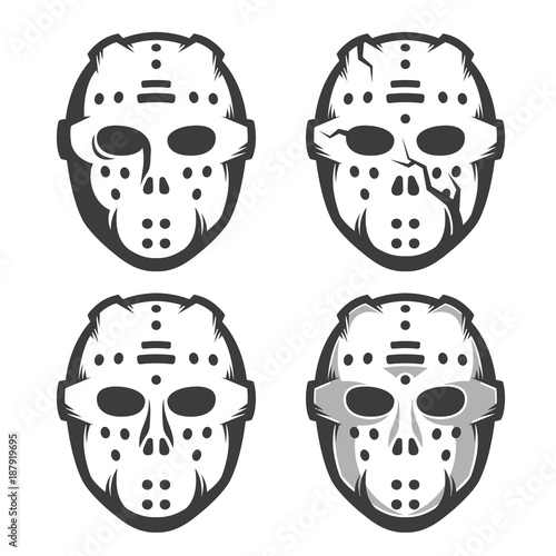 Retro hockey goalie mask - set of four options. Monochrome vector illustration.