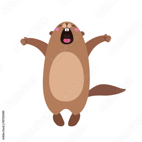 Illustration of groundhog who yawns and stretches. Flat