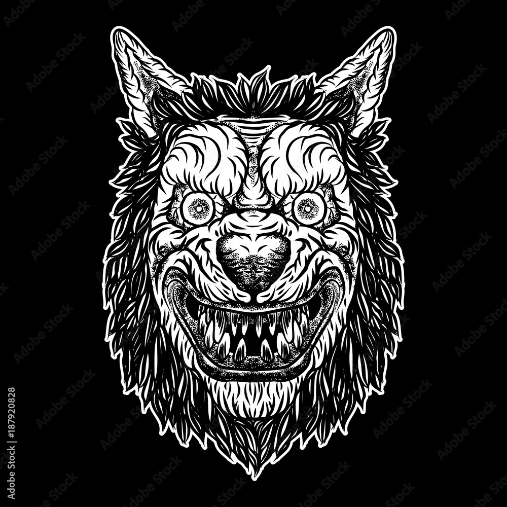 Naklejka premium Wolf blackwork tattoo flash concept isolated on white. Angry wolf head. Detailed werewolf mascot illustration. Vector.
