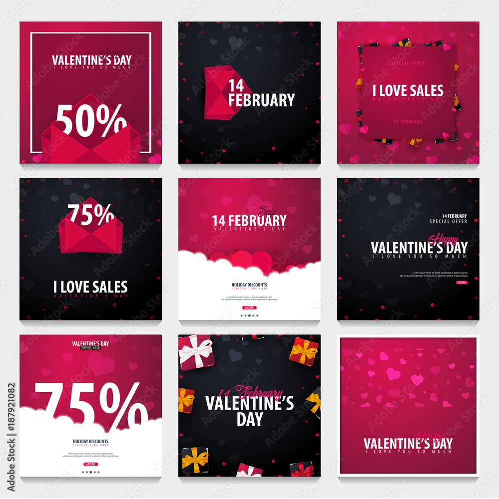 Set of Valentines day sale backgrounds. Wallpaper, flyers, invitation, posters, brochure, voucher, banners. Vector illustration.