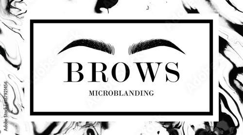 Business card template with Beautiful hand drawing eyebrows for the logo of the master on the eyebrows.. Elegant, abstract branding with marble texture and golden frame with place for text
