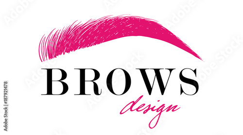 Brows design logo business card template. Beautiful pink hand drawing eyebrow for the logo of the master on the eyebrows. Business card template.
