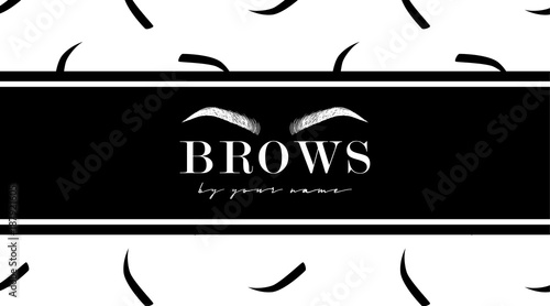 Brow design logo business card template with hand drawing eyebrow and with eyebrows seamless print. Vector logo for beauty studio brow bar, Female graphic Eyebrow Illustration