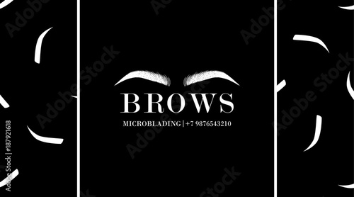 Brow design logo business card template with hand drawing eyebrow and with eyebrows seamless print on black background. Vector logo for beauty studio brow bar, Female graphic Eyebrow Illustration