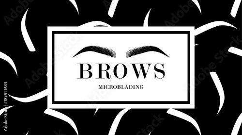 Brow design logo business card template with hand drawing eyebrow and with eyebrows seamless print on black background. Vector logo for beauty studio brow bar, Female graphic Eyebrow Illustration