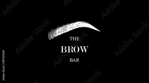 The Brow Bar logo for beauty studio with white hand drawing eyebrow on a black background. Female Eyebrow Vector Illustration Isolated
