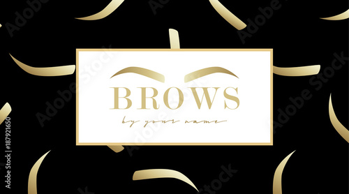 Brow design logo business card template with gold eyebrow and with eyebrows seamless print on black background. Vector logo for beauty studio brow bar. Female graphic Eyebrow Illustration