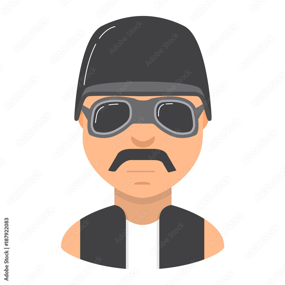 The young man with moustaches and in sunglasses. Biker motorcycle protective old-style. Character young person. In flat style a vector.A retro a vintage us army helmet with goggles.
