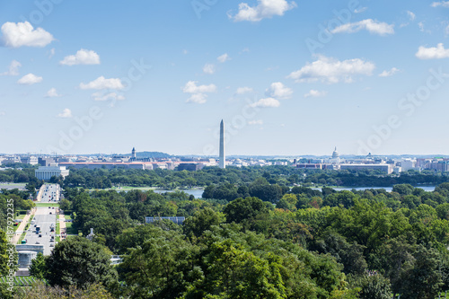 View of Washington DC from Arlington National Cemetery on Abraham Lincoln Monument and the US Capitol