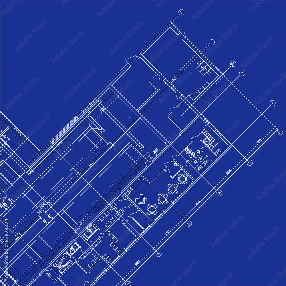 Detailed architectural plan. Vector blueprint. Abstract blue background.