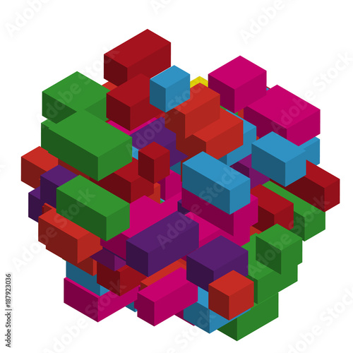 Abstract geometric background with colorful isometric rectangles and bricks. Three-dimensional  3D vector illustration.