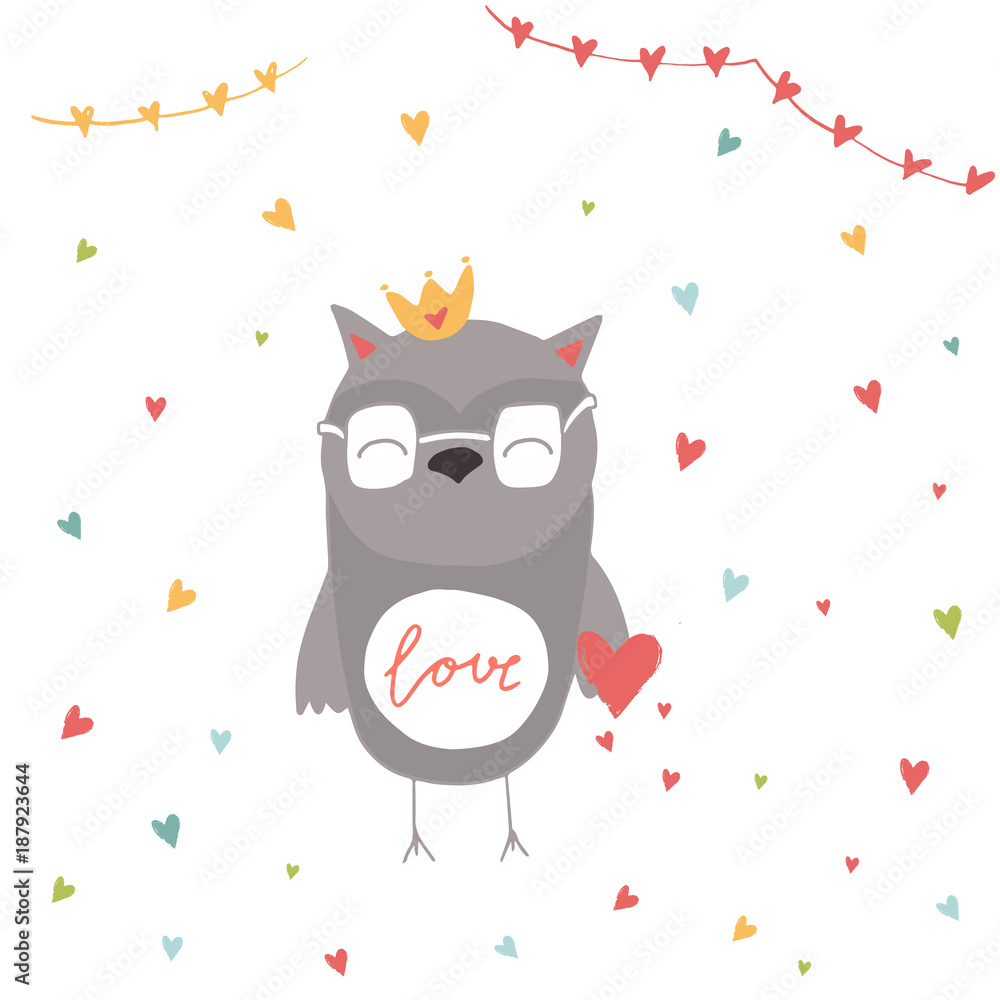 Lovely Valentines day gift card with owl heart and lettering love. Lovely Valentines day gift card with owl heart and lettering love.