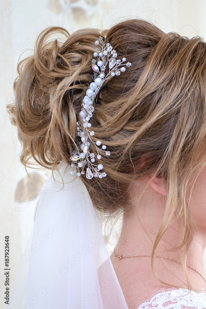 Wedding hair decoration for bride closeup