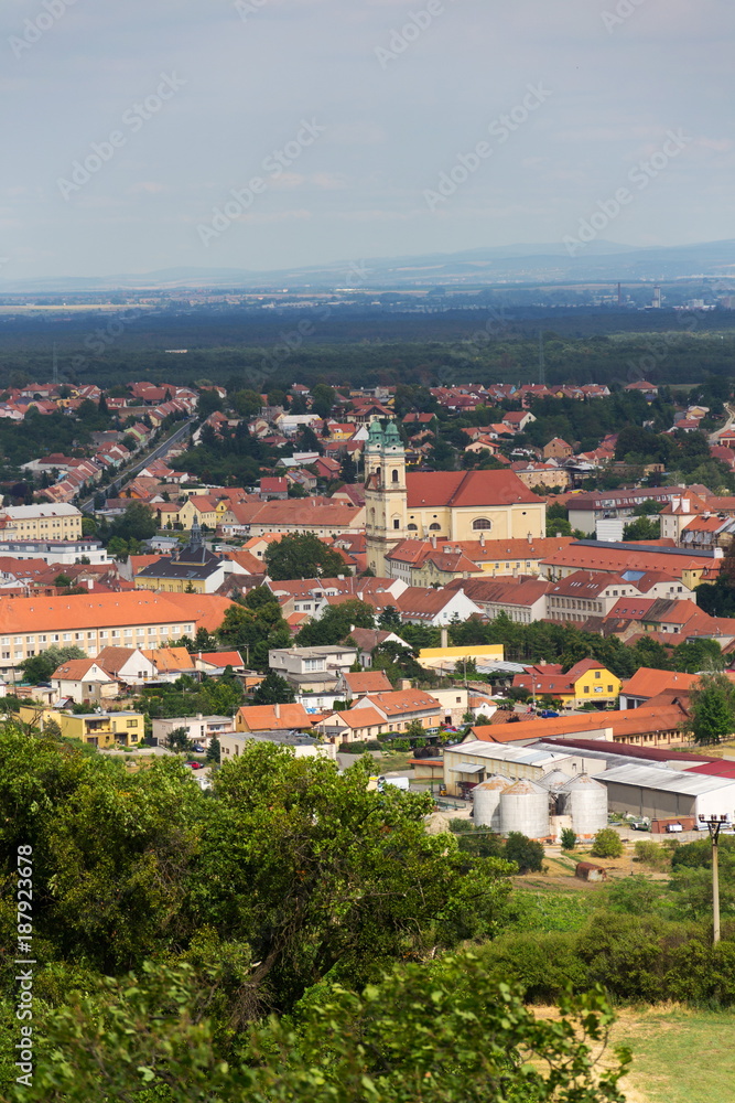 Church and castle in Valtice baroque town panorama, part of UNESCO World Heritage Site, Moravia, Czech Republic