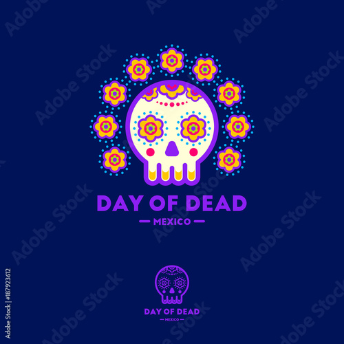 Cartoon Mexican cute skull vector illustration for Dia de los Muertos (Day of the Dead). Calavera flat emblem. Cute male skull with flowers.