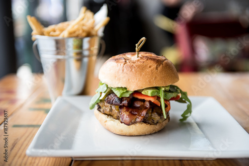 Burger with fries in a restaurant