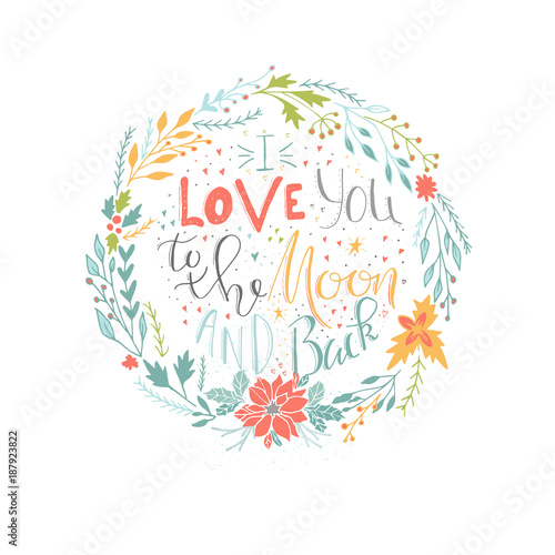 Lovely Valentines day gift card with wreath heart and lettering love you to the moon © Tanyasun