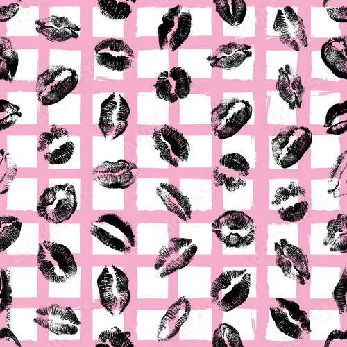 Female lips, mouth with a kiss stain, seamless pattern on pop up background. Retro style endless wrapping paper for Valentine day adult sex shop merchandise. Vector. © desertsands