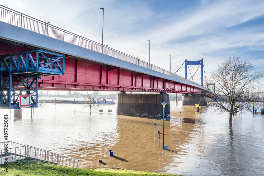 Duisburg / Germany - January 08 2017 : The river Rhine is flooding the Muehlenweide