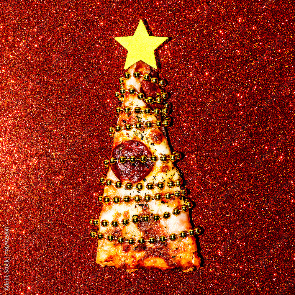 Fototapeta Cekiny Boże Narodzenie Pizza. Fast Food Art Flat leżał minimalny