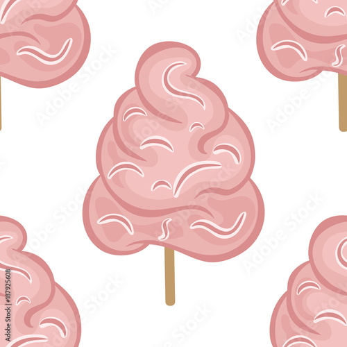 Pink cotton candy vector seamless pattern isolated on white background. Candyfloss on stick. Children's sweets. Sugar clouds repeated print. Retro style in pastel colors. Simple minimal flat design. 