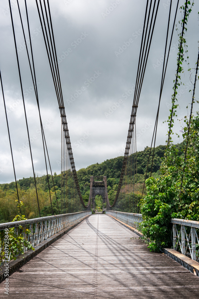 Obraz premium Suspension bridge of East River near Saint-Rose on a cloudy day, La Reunion in autumn