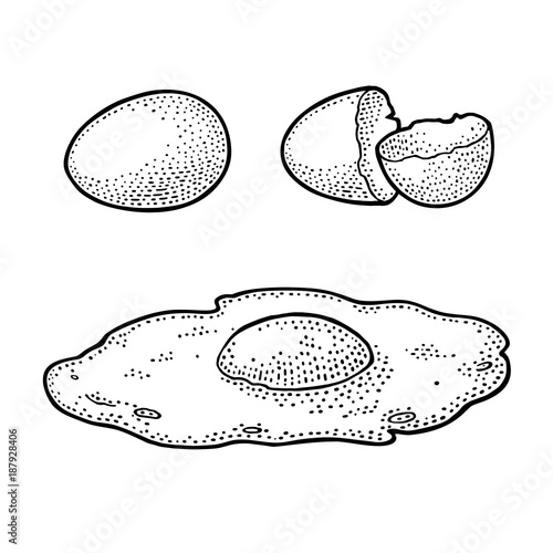 Fried egg and broken shell. Vintage black engraving illustration