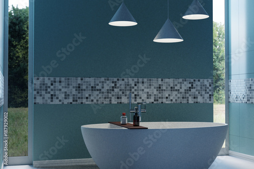 3d rendering of cyan modern bathroom with free standing bathtub