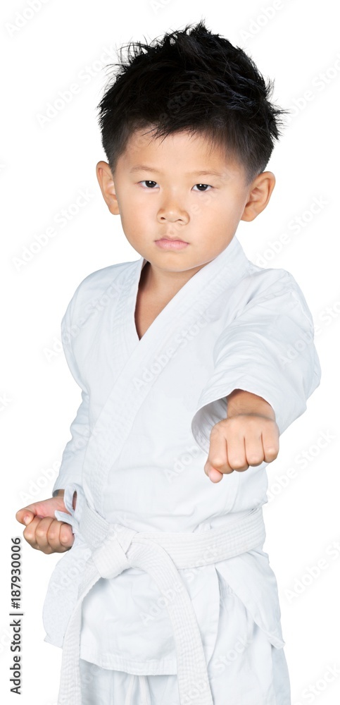 Asian Little Karate Boy in White Kimono  on background