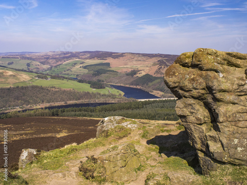 Distant Hills and Horizon from Win Hill in Peak District with Big Rock in Foreground