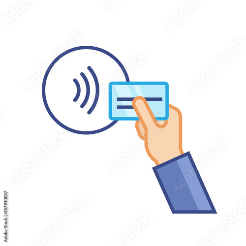 Pos terminal confirms contactless payment from credit card. NFC Payment vector illustration in flat style.