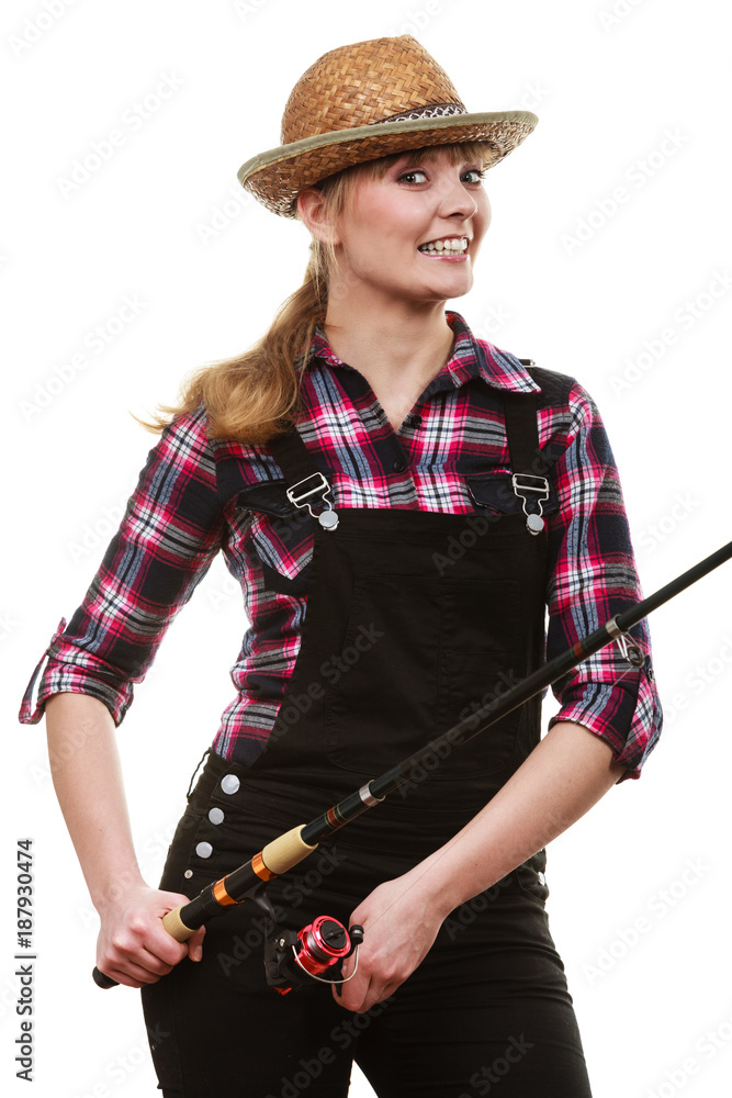 Happy woman in sun hat holding fishing rod Happy woman in sun hat holding fishing rod