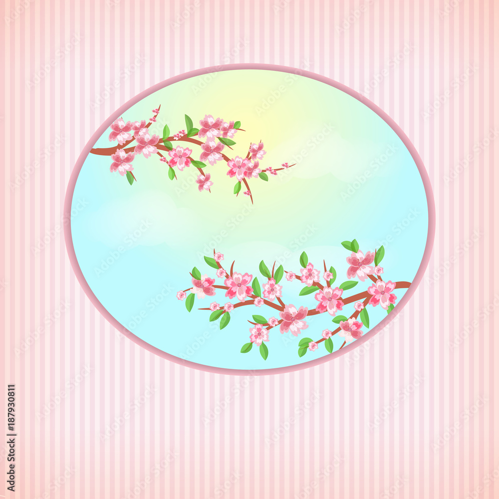 Spring in the cherry orchard. Cherry blossoms on the spring sky. Sunny warm day. Card. Cherry blossoms. Blooming cherry.