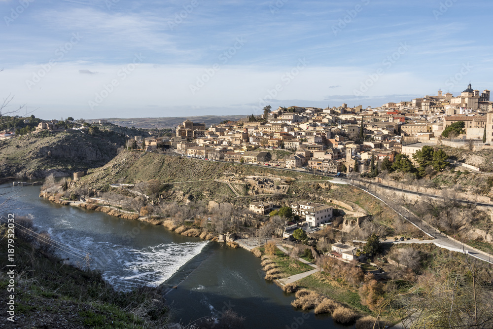 Reservoir over the river Tagus and medieval city of Toledo. Spain