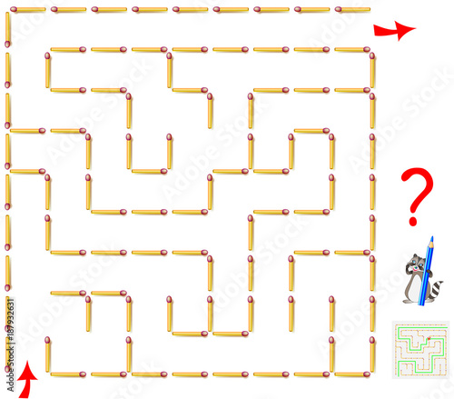Logic puzzle game with labyrinth. Need to remove one matchstick and find the way from start till end. Vector image.