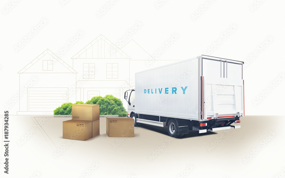 Truck transporting goods packed in boxes from warehouse to home. Delivery cargo. 3d illustration Truck transporting goods packed in boxes from warehouse to home. Delivery cargo. 3d illustration